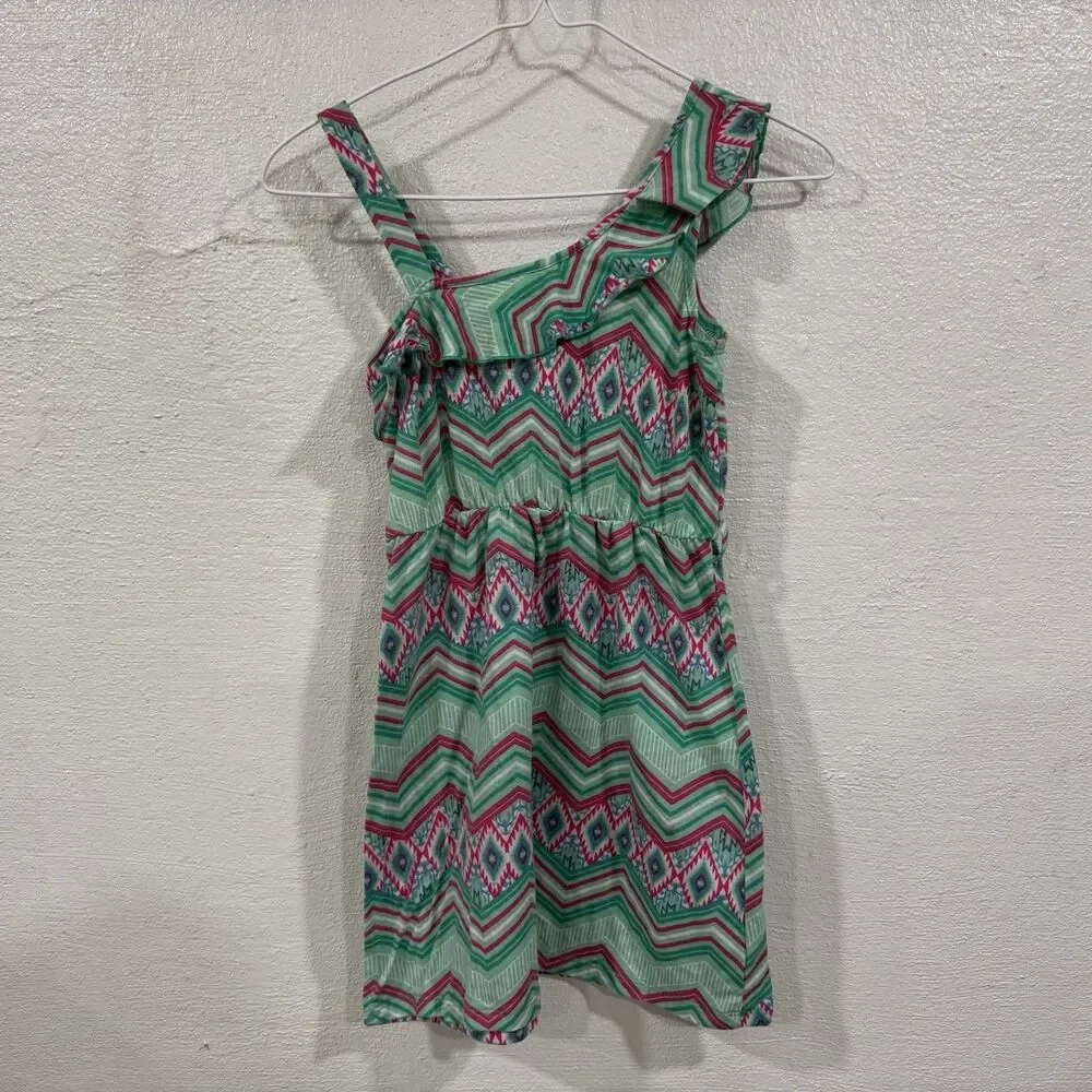 Bobbie Brooks Girls L (10-12) Green Pink White Chevron Aztec Print Ruffle Dress